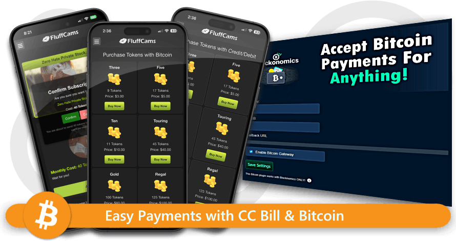 Product image displaying cell phones with Bitcoin purchasing options displayed on the screens.